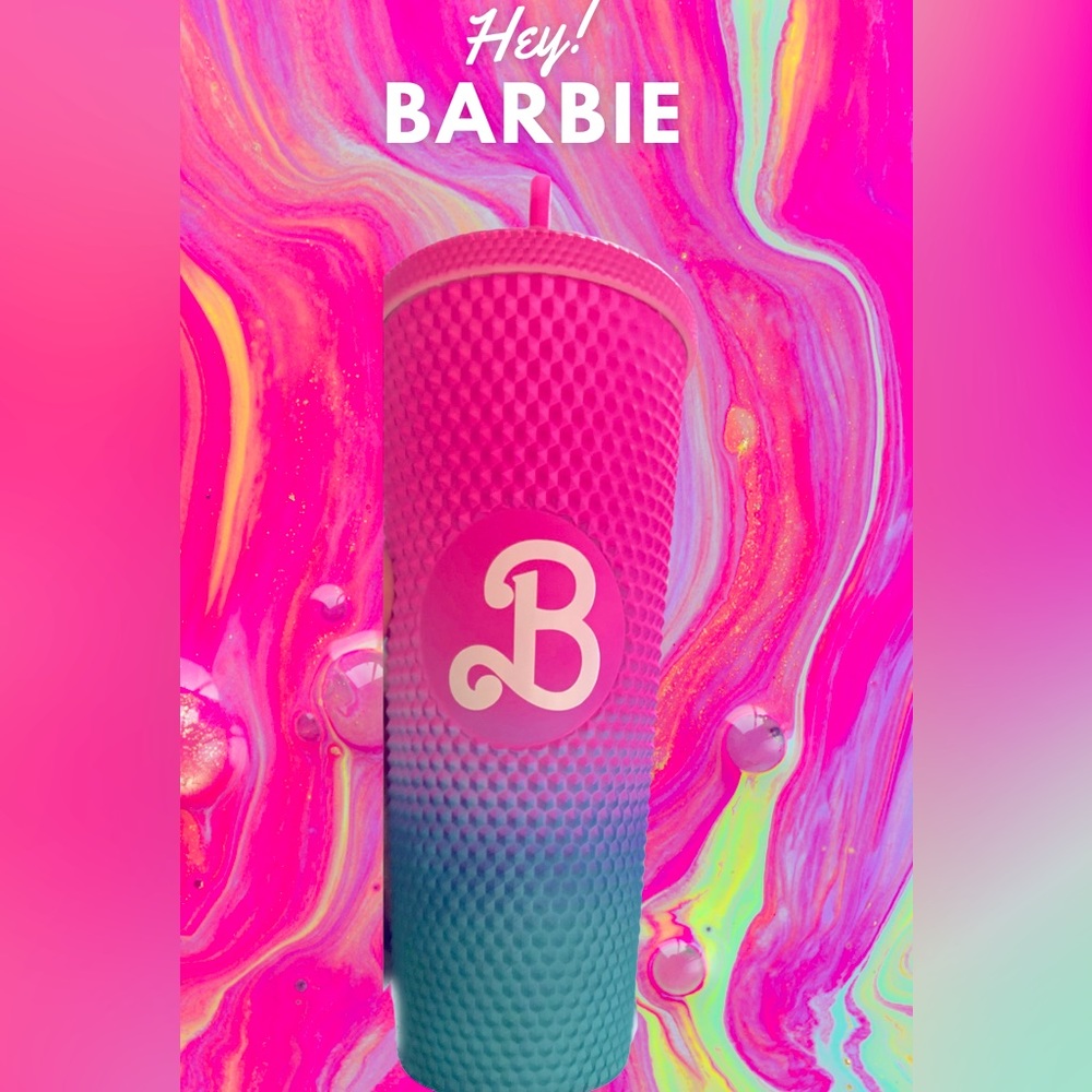 BARBIE 24 oz pink and teal ombré studded tumbler with lid and straw